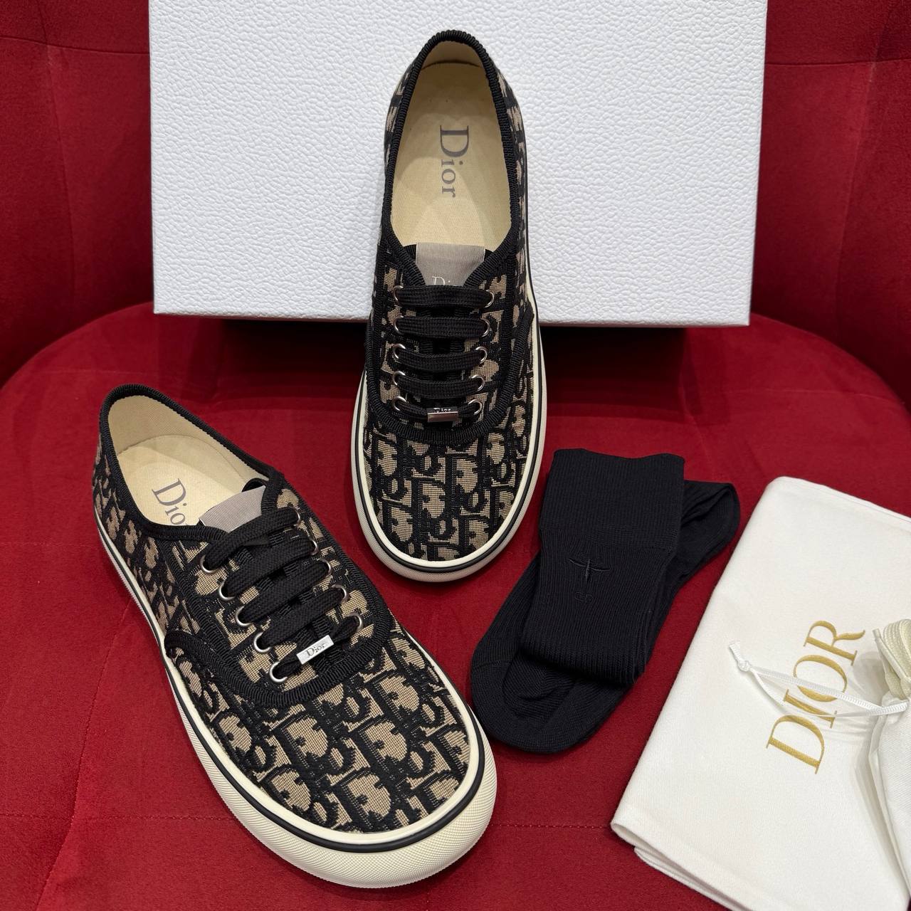 Dior Oblique Canvas Low-Top Sneakers in Black and Beig