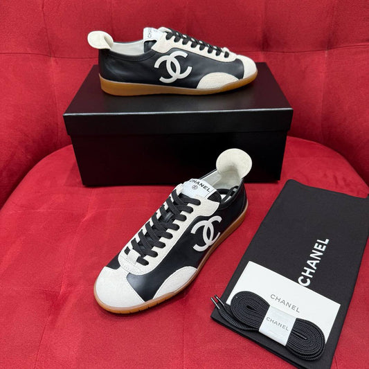 Chanel Black & White Leather Low-Top Sneakers with Oversized CC Logo