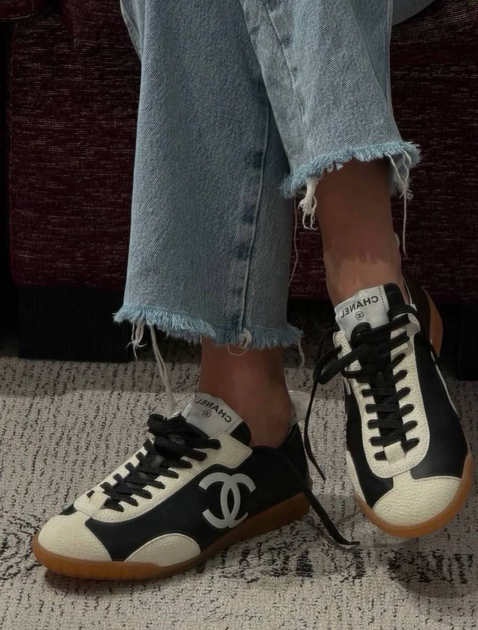 Chanel Black & White Leather Low-Top Sneakers with Oversized CC Logo