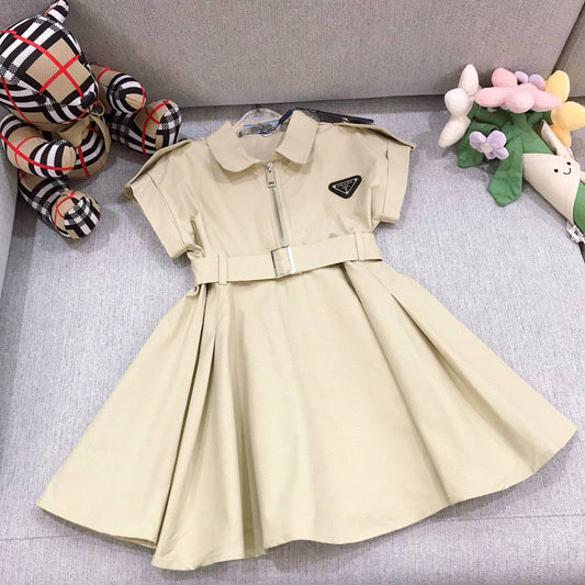 Prada Girls Beige Belted Shirt Dress with Logo Plaque
