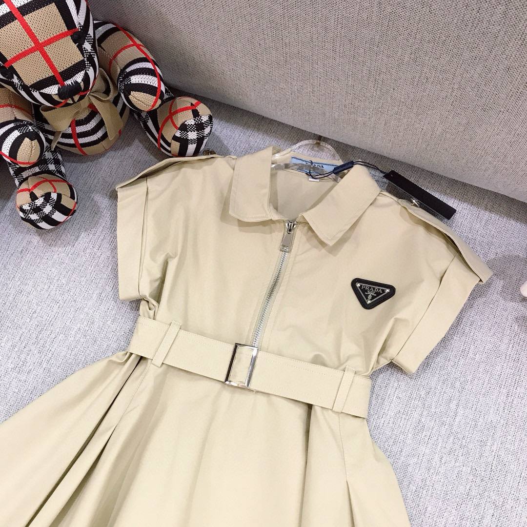 Prada Girls Beige Belted Shirt Dress with Logo Plaque