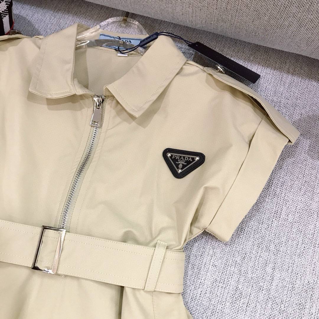 Prada Girls Beige Belted Shirt Dress with Logo Plaque