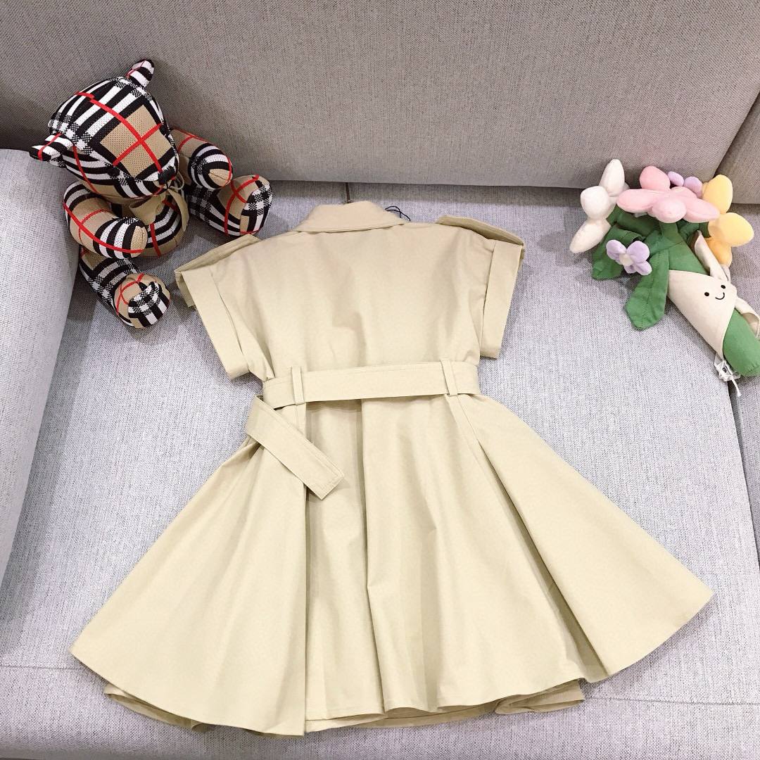 Prada Girls Beige Belted Shirt Dress with Logo Plaque