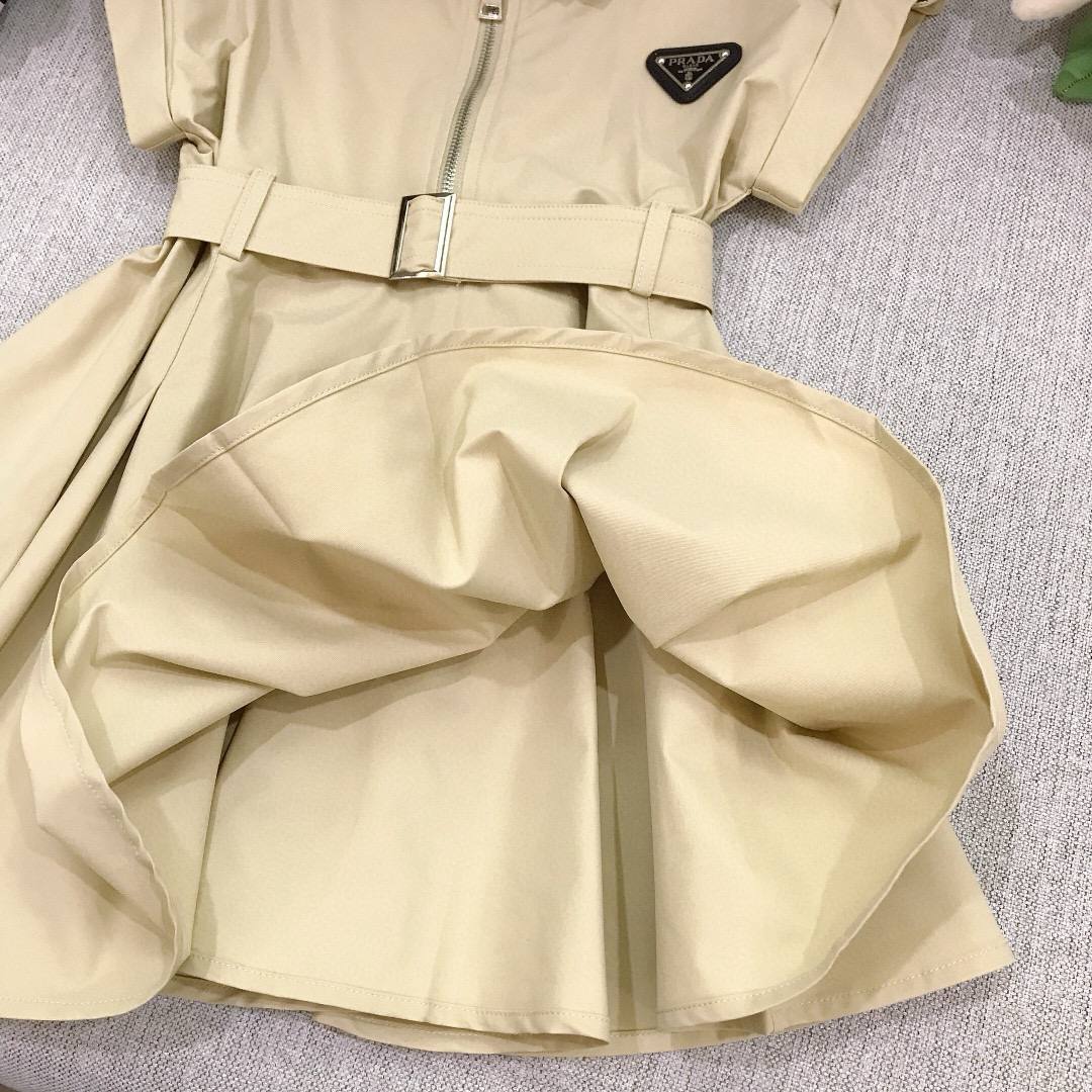 Prada Girls Beige Belted Shirt Dress with Logo Plaque