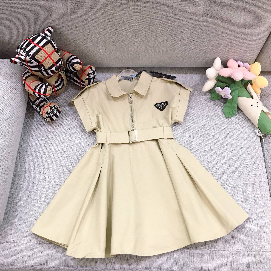 Prada Girls Beige Belted Shirt Dress with Logo Plaque