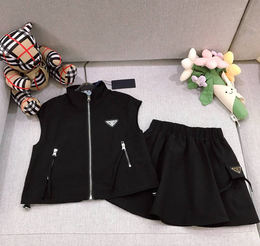 Prada Girls Black Zip-Up Vest & Cargo Skirt Set with Triangle Logo