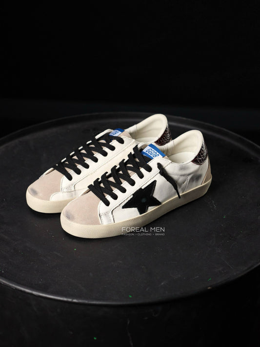 Golden Goose Super-Star White Leather Sneakers with Black Star & Croc Heel Tab