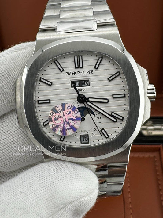 Patek Philippe Nautilus Stainless Steel Watch with White Dial & Annual Calendar