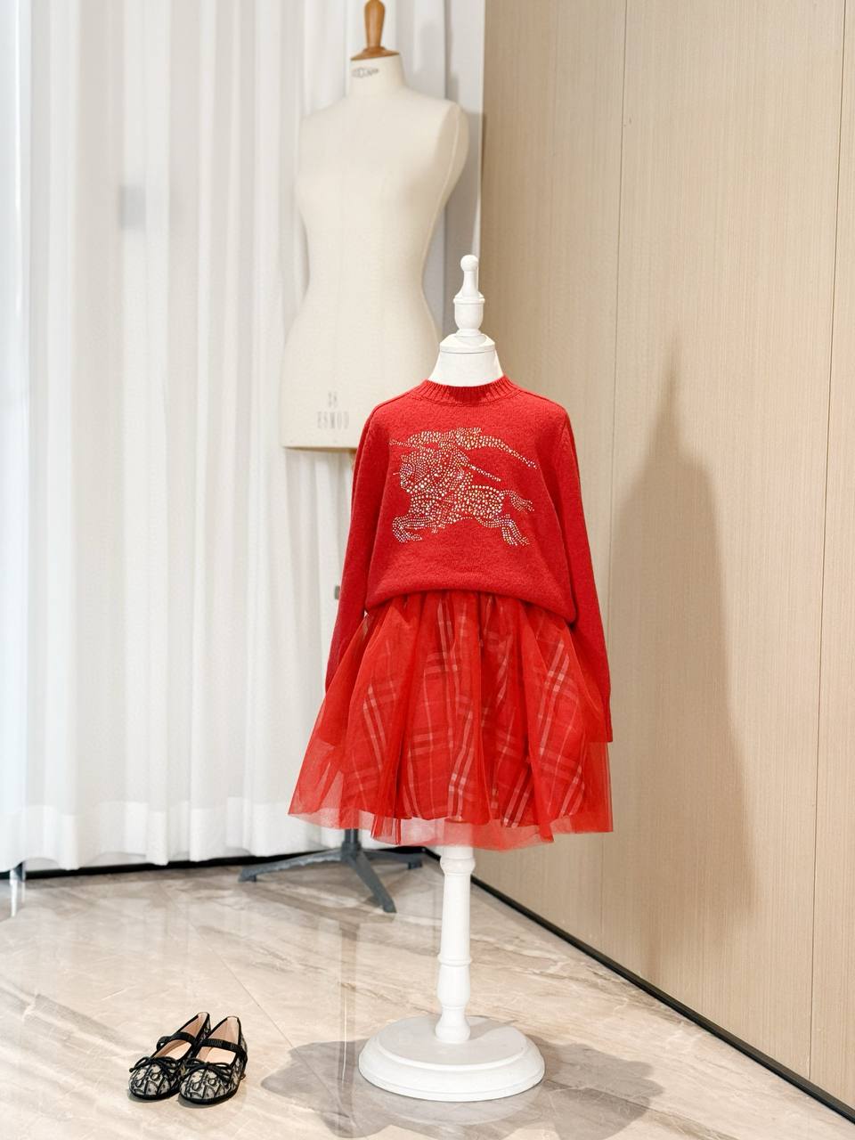 Burberry Girls Red Knit Sweater & Plaid Tulle Skirt Set with Crystal Equestrian Knight Logo