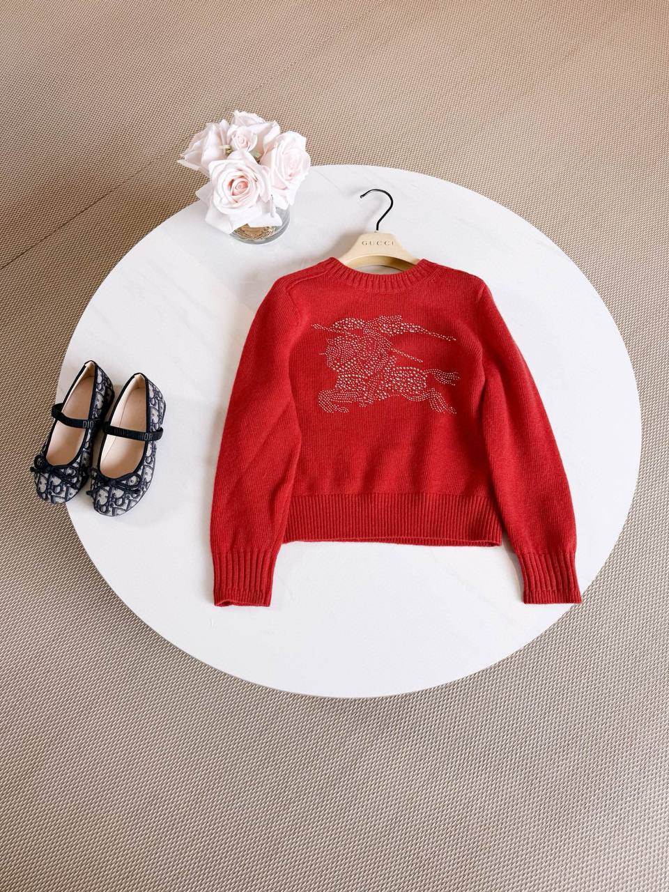 Burberry Girls Red Knit Sweater & Plaid Tulle Skirt Set with Crystal Equestrian Knight Logo