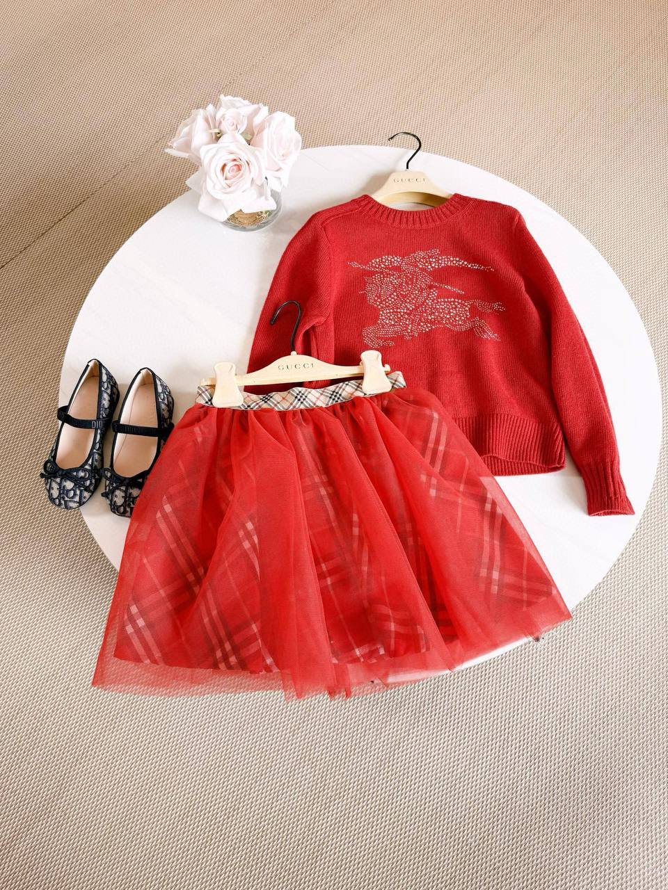 Burberry Girls Red Knit Sweater & Plaid Tulle Skirt Set with Crystal Equestrian Knight Logo