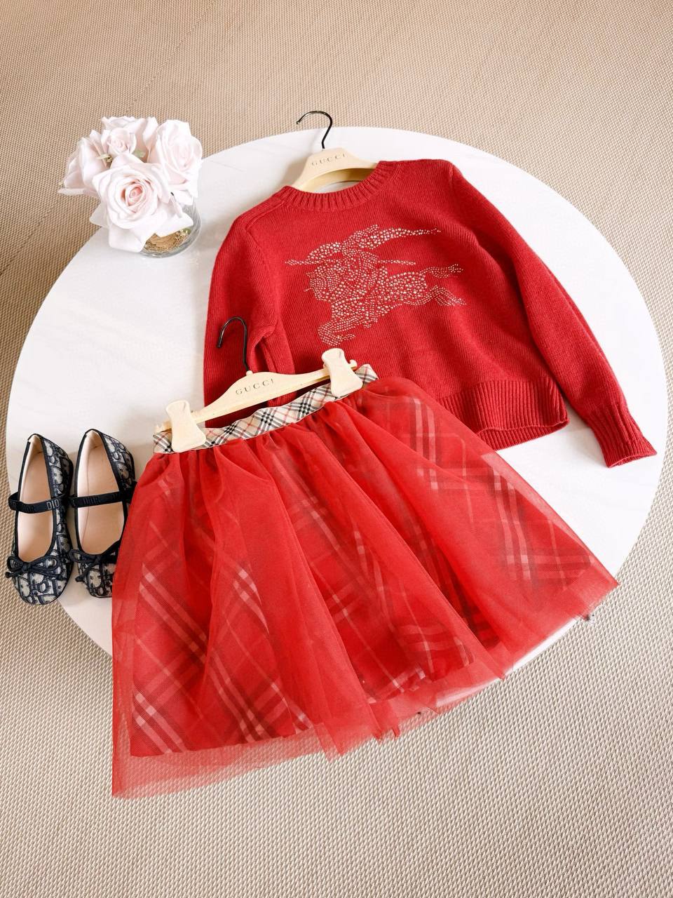 Burberry Girls Red Knit Sweater & Plaid Tulle Skirt Set with Crystal Equestrian Knight Logo