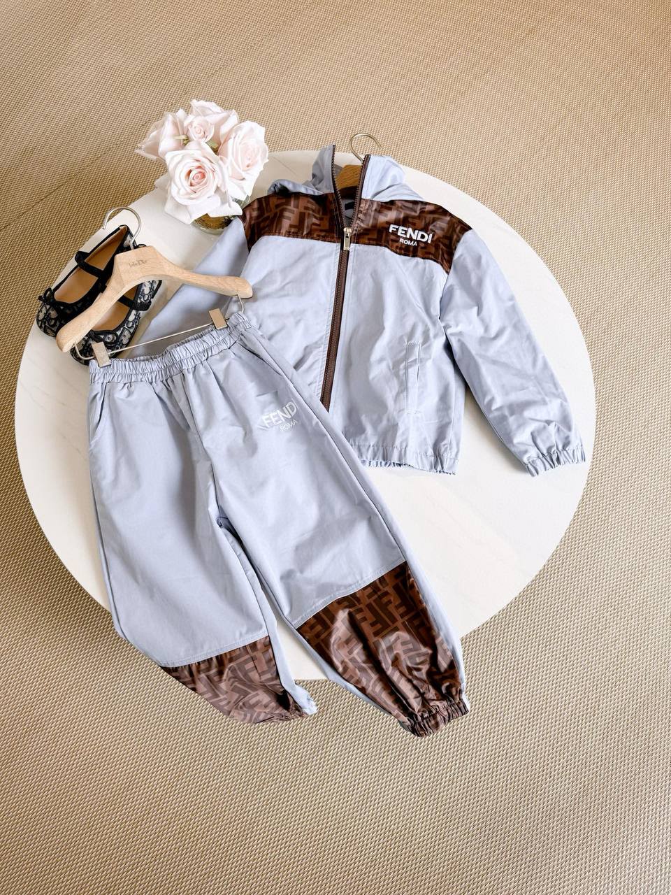 Fendi Kids Light Blue Hooded Windbreaker & Jogger Set with FF Monogram Panels