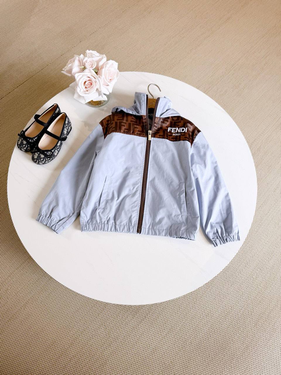 Fendi Kids Light Blue Hooded Windbreaker & Jogger Set with FF Monogram Panels