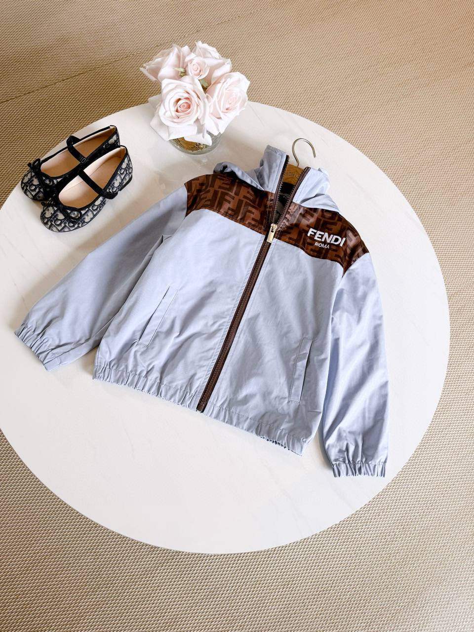 Fendi Kids Light Blue Hooded Windbreaker & Jogger Set with FF Monogram Panels