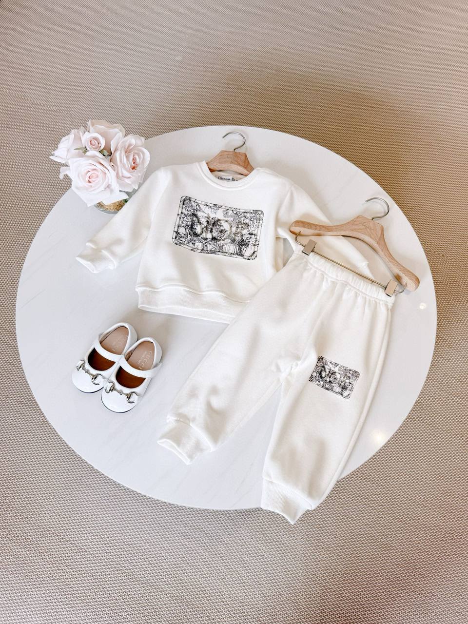 Dior Kids White Sweatshirt & Jogger Set with Toile de Jouy Logo Print