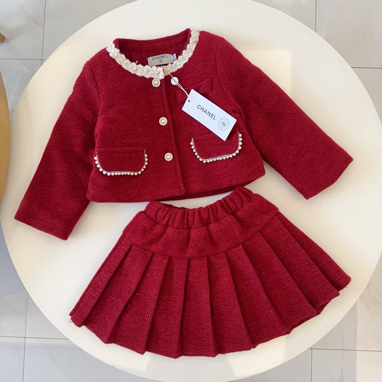 Chanel Girls Red Tweed Jacket & Pleated Skirt Set with Pearl Trim