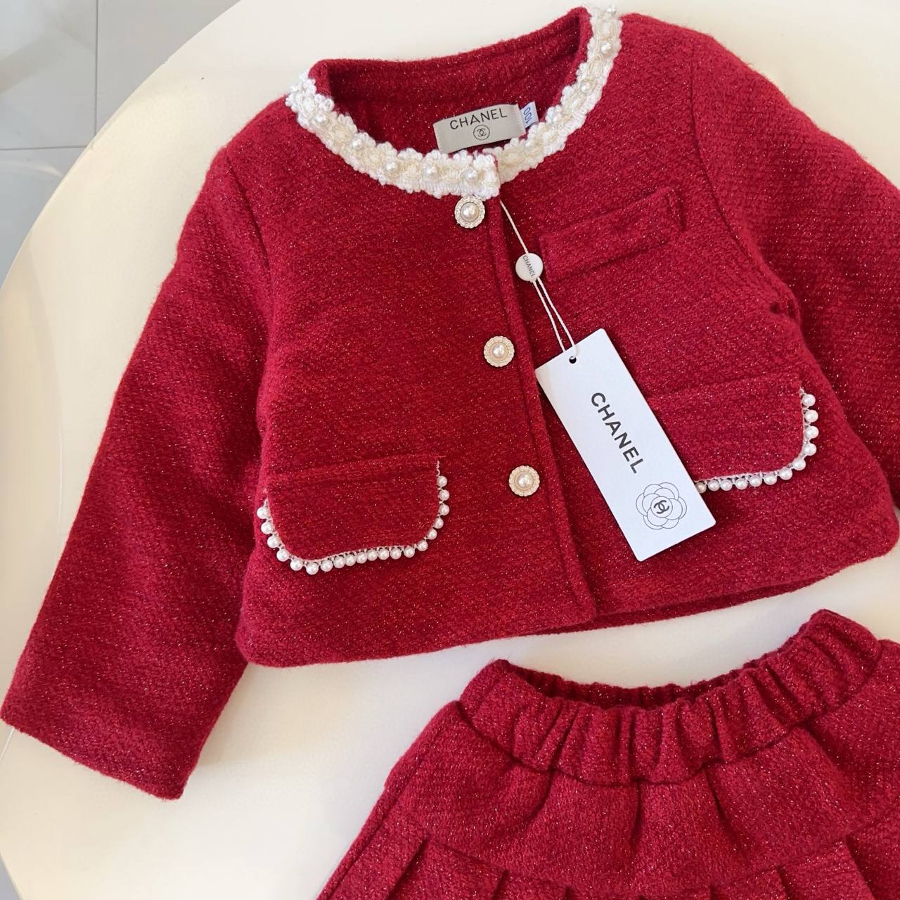 Chanel Girls Red Tweed Jacket & Pleated Skirt Set with Pearl Trim
