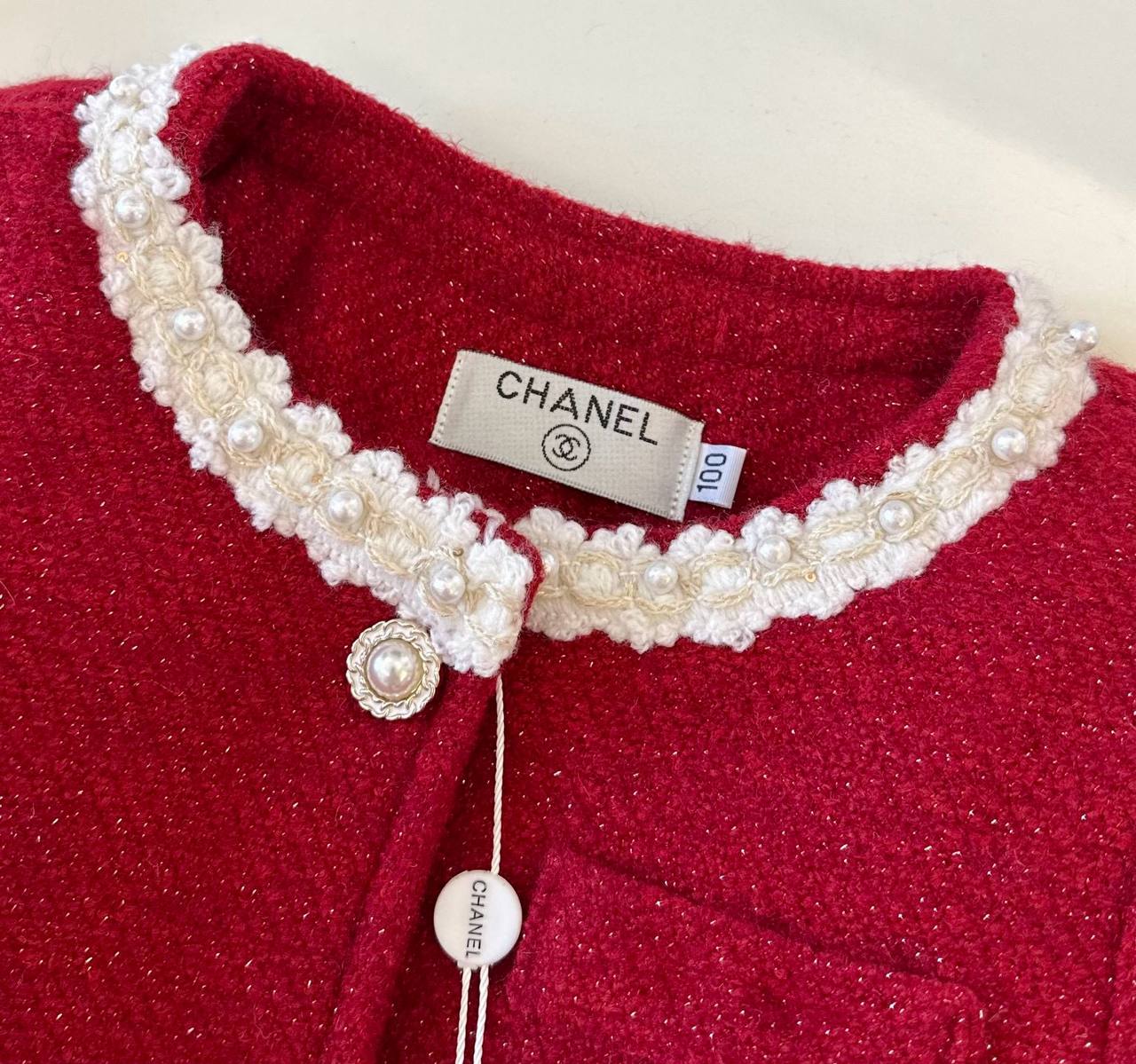 Chanel Girls Red Tweed Jacket & Pleated Skirt Set with Pearl Trim