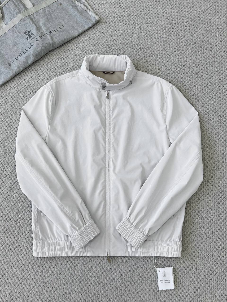 Brunello Cucinelli White Lightweight Zip-Up Jacket with Stand Collar