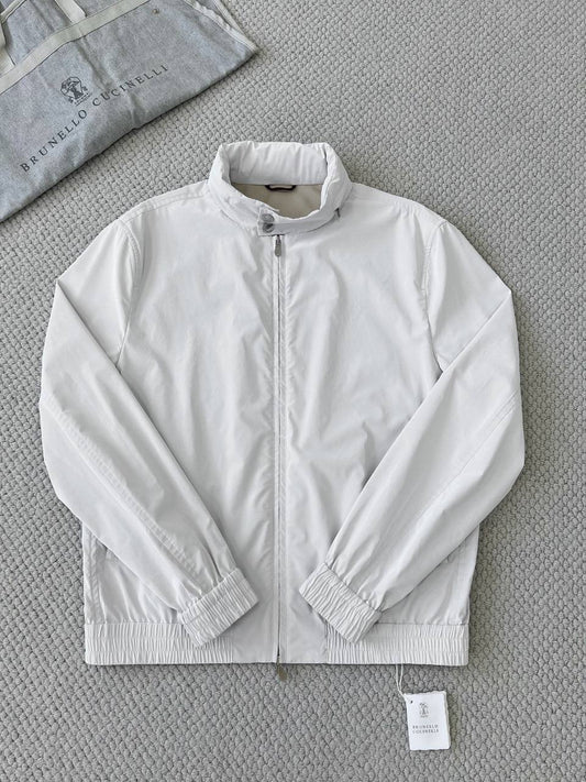 Brunello Cucinelli White Lightweight Zip-Up Jacket with Stand Collar