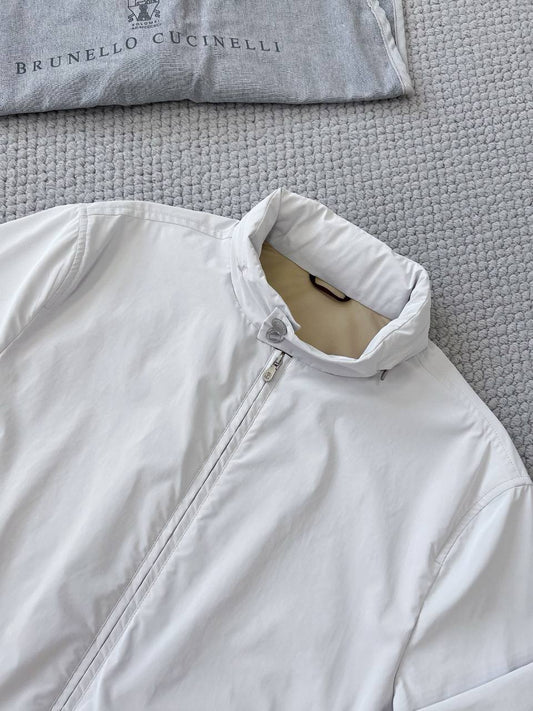 Brunello Cucinelli White Lightweight Zip-Up Jacket with Stand Collar