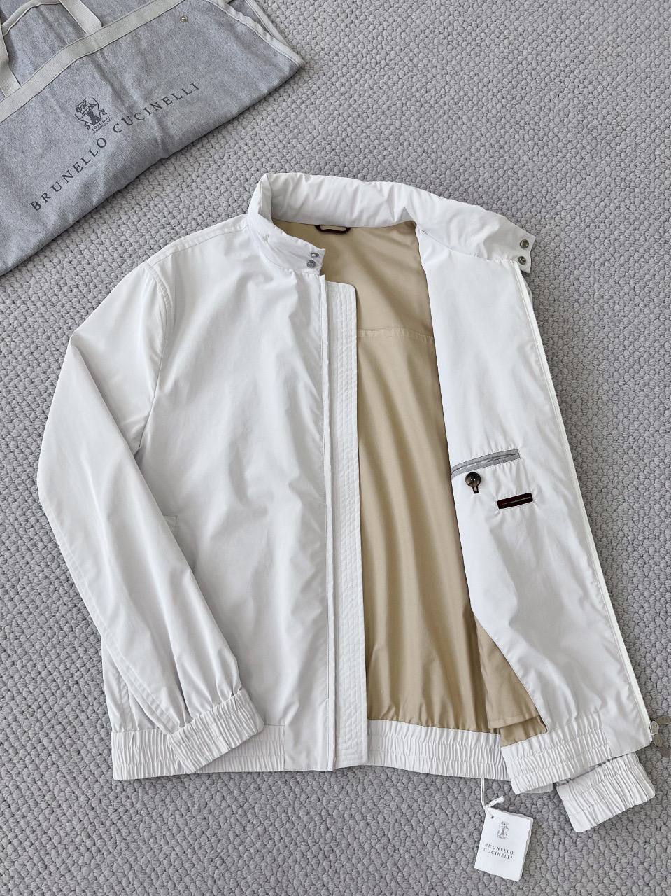 Brunello Cucinelli White Lightweight Zip-Up Jacket with Stand Collar