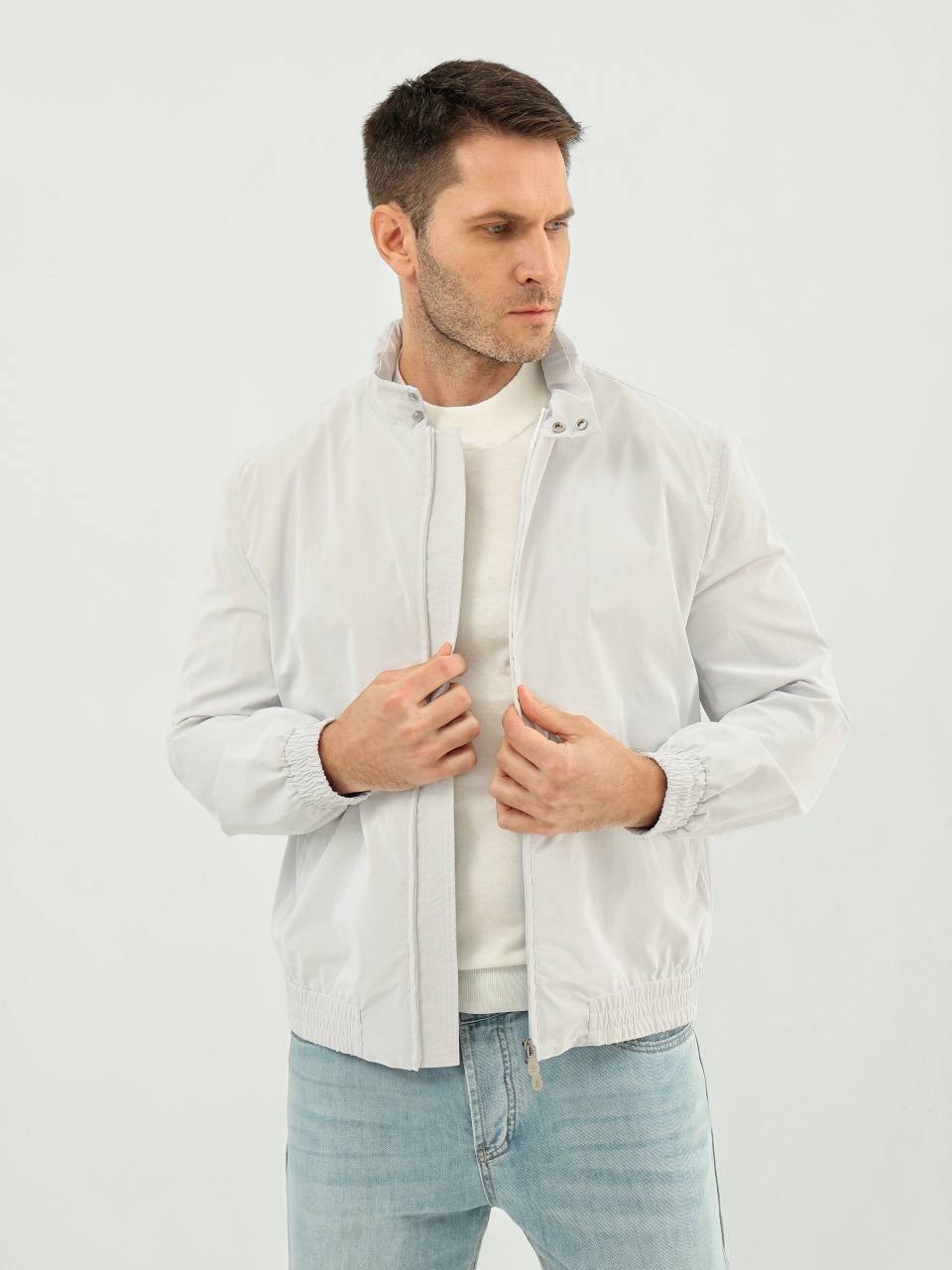 Brunello Cucinelli White Lightweight Zip-Up Jacket with Stand Collar