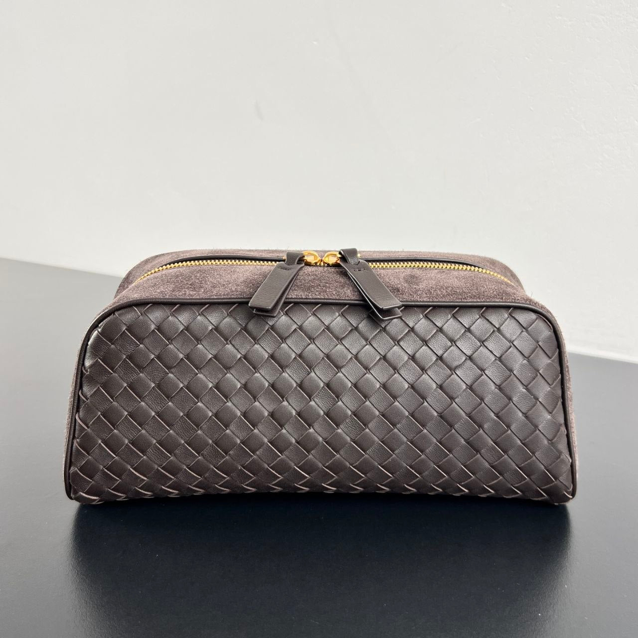 Bottega Veneta Intrecciato Brown Woven Leather Toiletry Case with Suede Trim