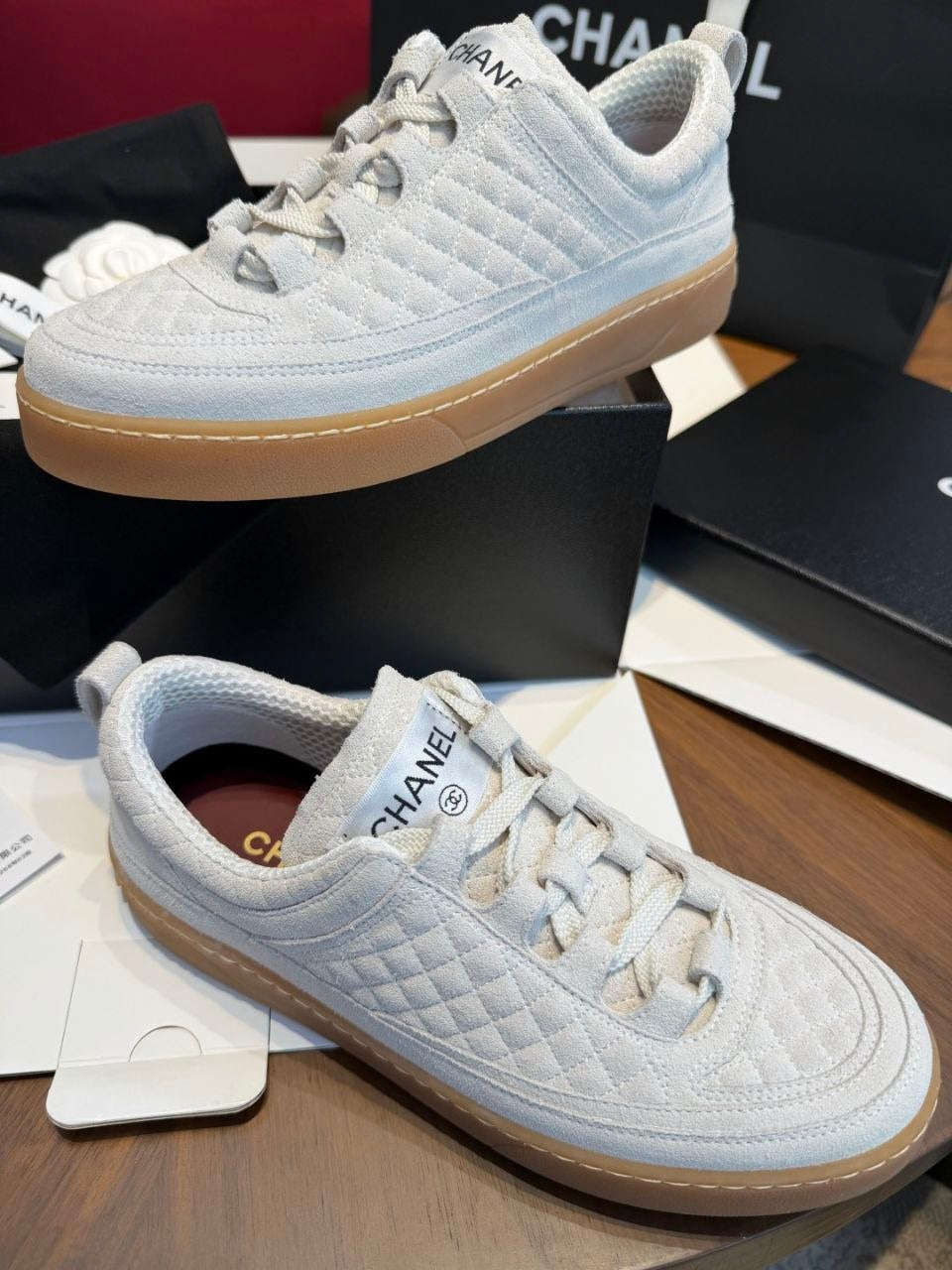 Chanel Light Gray Quilted Suede Low-Top Sneakers with Gum Sole