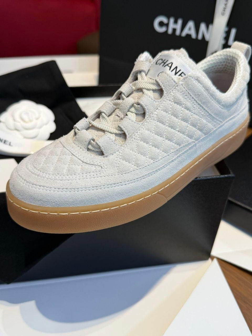 Chanel Light Gray Quilted Suede Low-Top Sneakers with Gum Sole