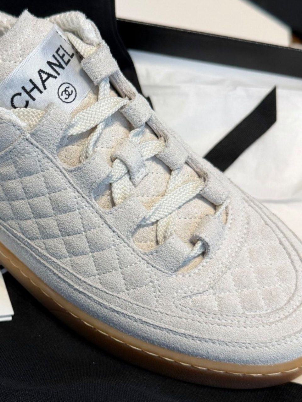 Chanel Light Gray Quilted Suede Low-Top Sneakers with Gum Sole