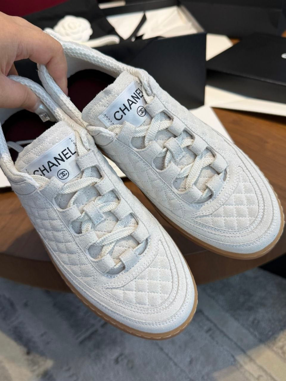 Chanel Light Gray Quilted Suede Low-Top Sneakers with Gum Sole