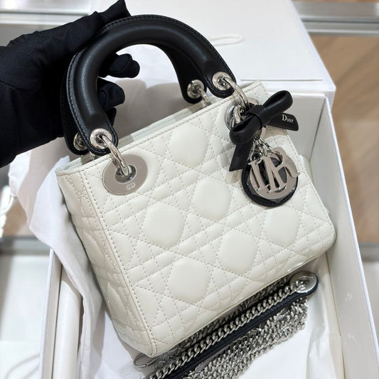 Dior Mini Lady D-Lite White Cannage Leather Top Handle Bag with Black Handles & Silver Hardware