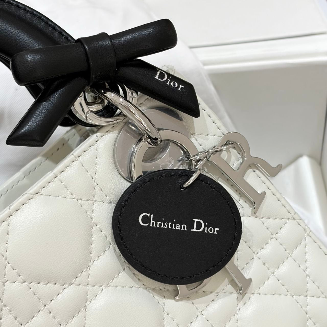 Dior Mini Lady D-Lite White Cannage Leather Top Handle Bag with Black Handles & Silver Hardware