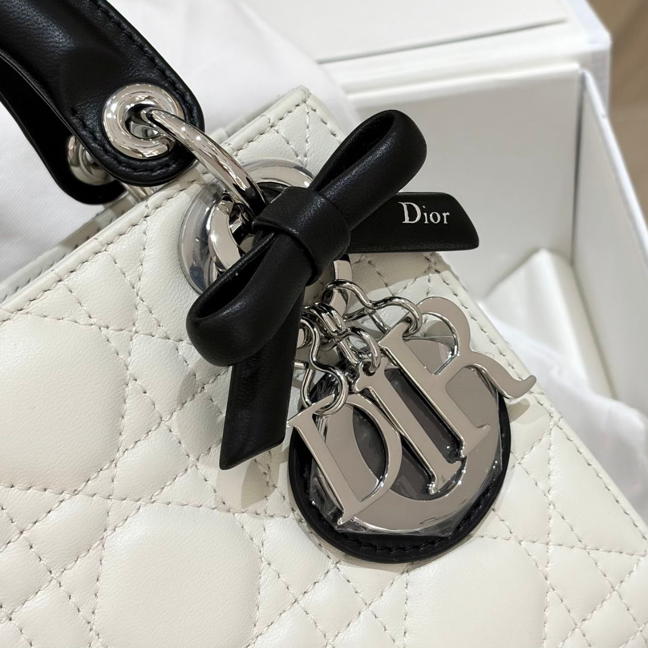 Dior Mini Lady D-Lite White Cannage Leather Top Handle Bag with Black Handles & Silver Hardware