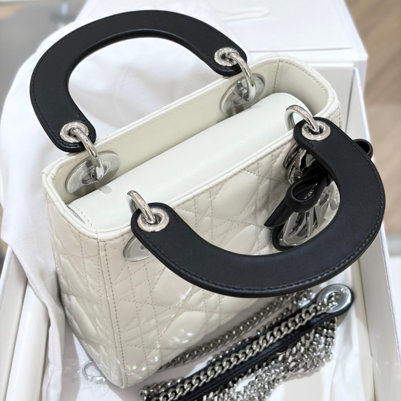 Dior Mini Lady D-Lite White Cannage Leather Top Handle Bag with Black Handles & Silver Hardware