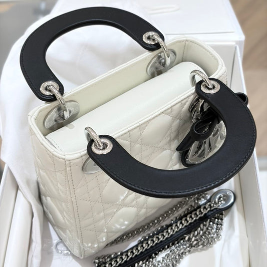 Dior Mini Lady D-Lite White Cannage Leather Top Handle Bag with Black Handles & Silver Hardware