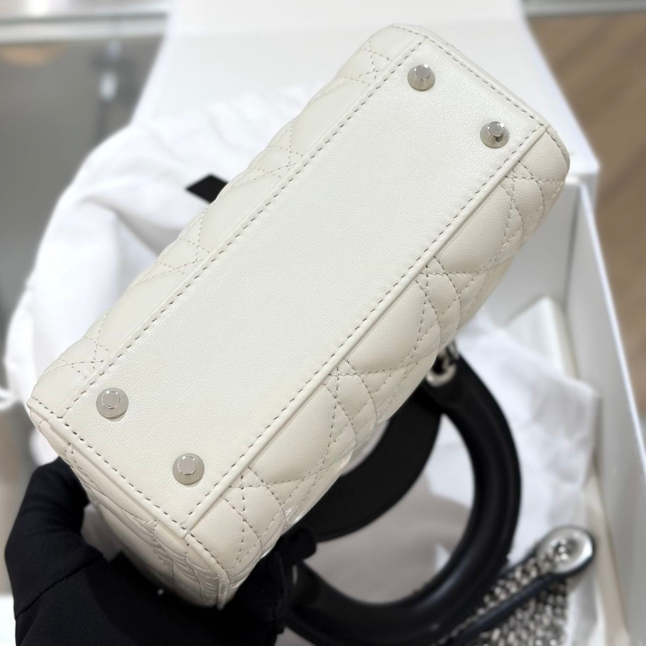 Dior Mini Lady D-Lite White Cannage Leather Top Handle Bag with Black Handles & Silver Hardware