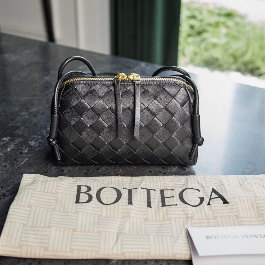 Bottega Veneta Intrecciato Black Woven Leather Crossbody Bag with Knot Strap