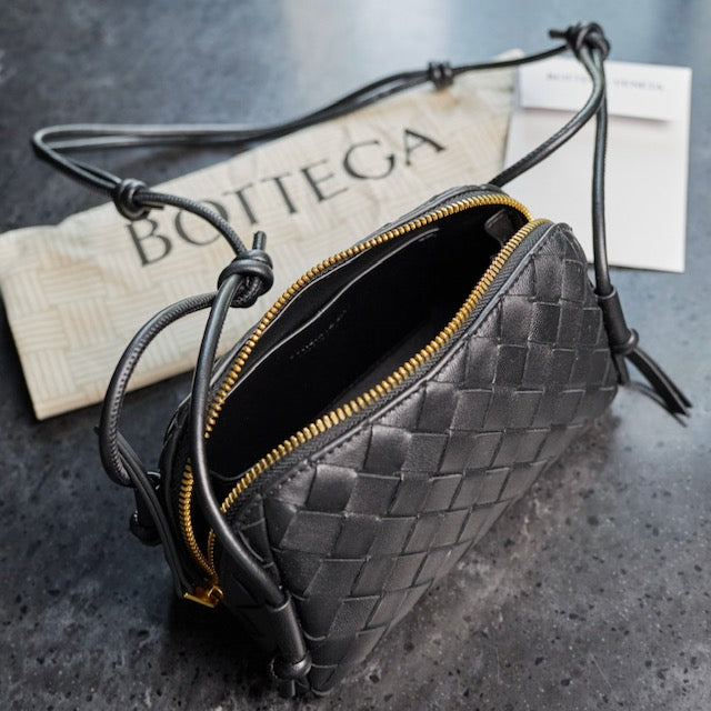 Bottega Veneta Intrecciato Black Woven Leather Crossbody Bag with Knot Strap