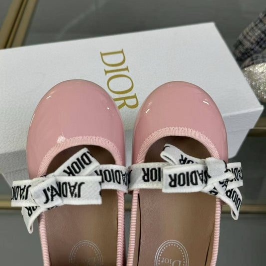 Dior Kids Pink Patent Leather Ballet Flats with J'Adior Ribbon Strap
