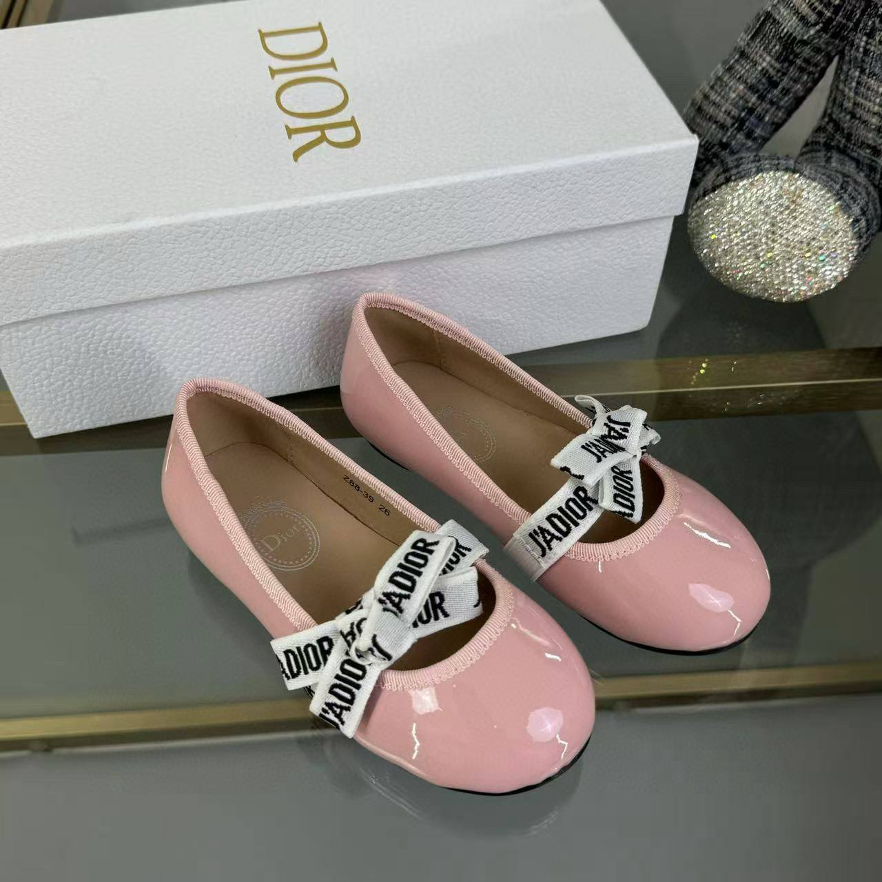 Dior Kids Pink Patent Leather Ballet Flats with J'Adior Ribbon Strap