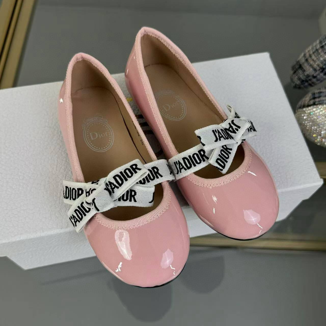 Dior Kids Pink Patent Leather Ballet Flats with J'Adior Ribbon Strap