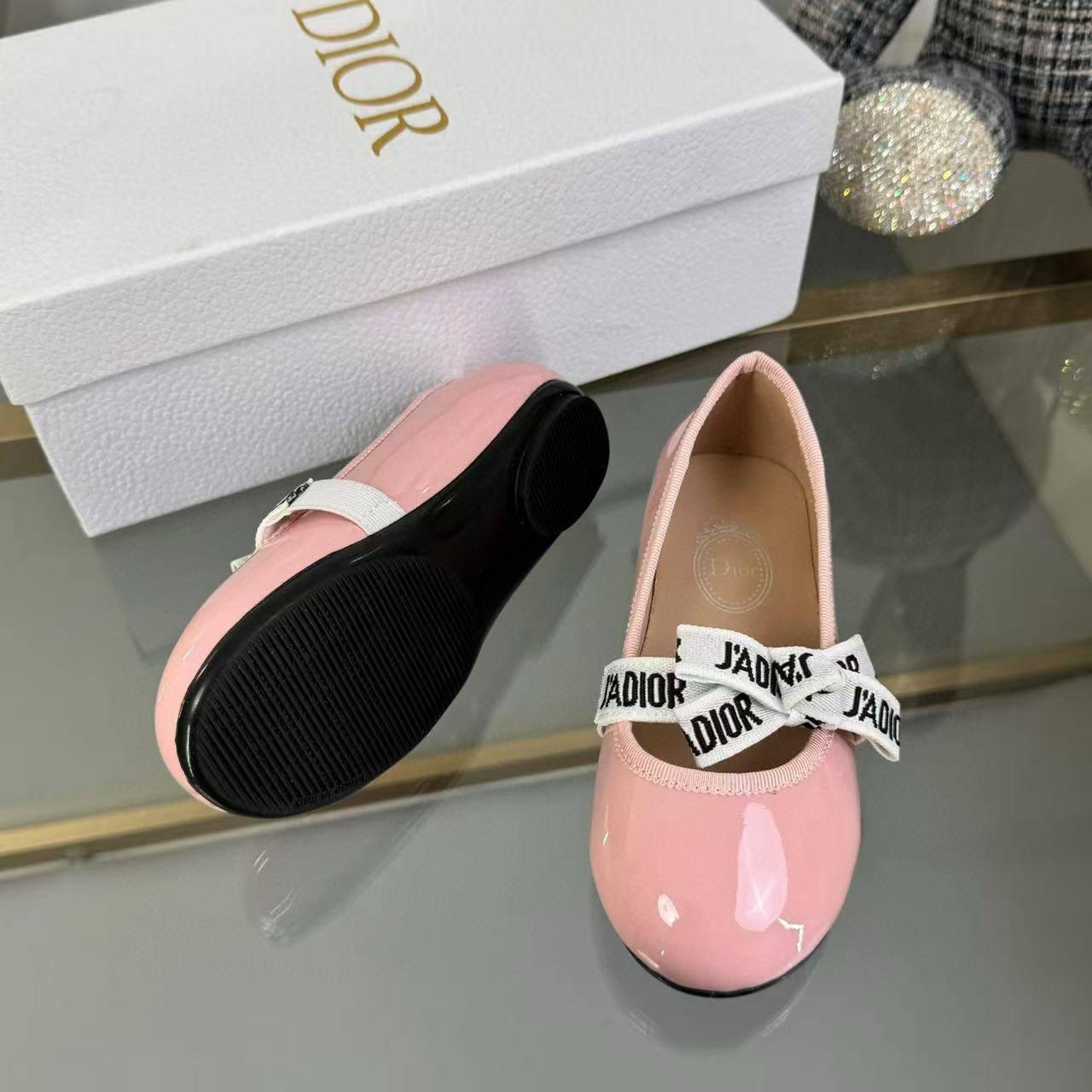 Dior Kids Pink Patent Leather Ballet Flats with J'Adior Ribbon Strap