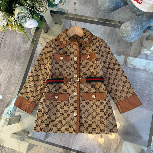 Gucci Kids GG Supreme Monogram Coat with Leather Trim & Web Belt Detail