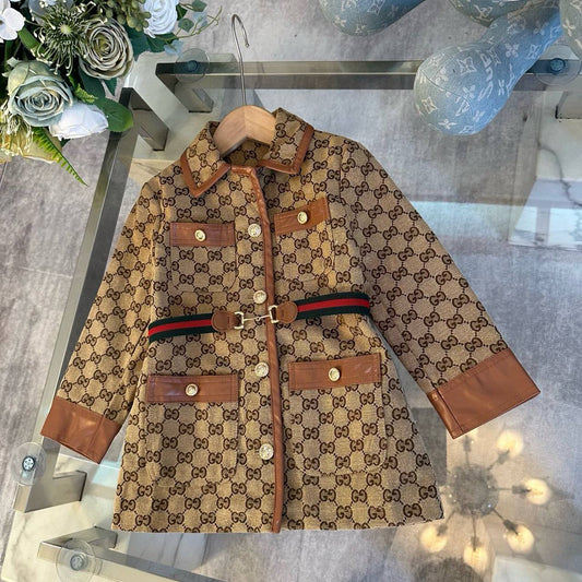 Gucci Kids GG Supreme Monogram Coat with Leather Trim & Web Belt Detail
