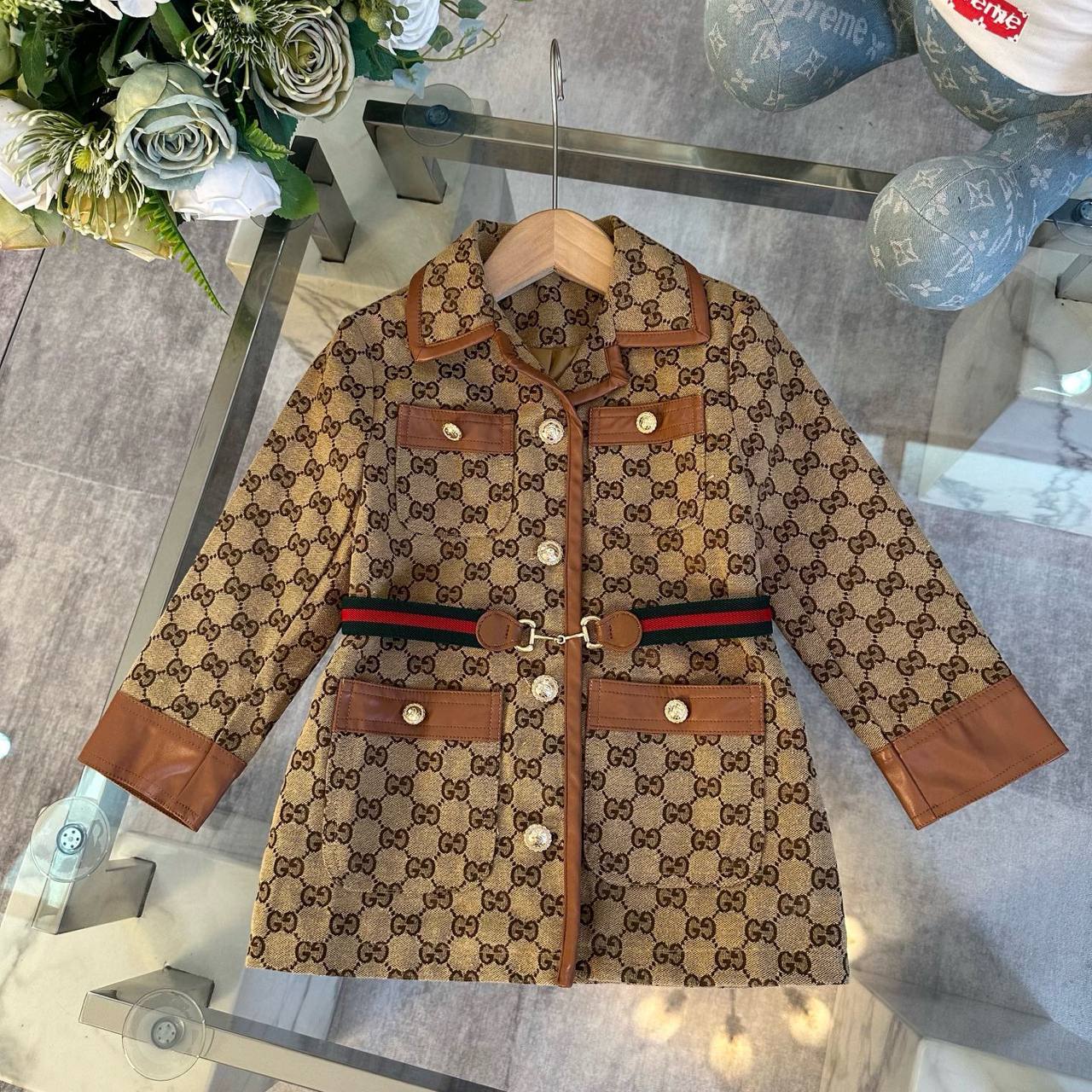 Gucci Kids GG Supreme Monogram Coat with Leather Trim & Web Belt Detail