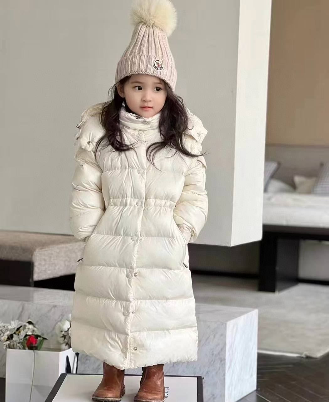 Moncler Kids White Hooded Long Down Puffer Coat with Snap Button Closure