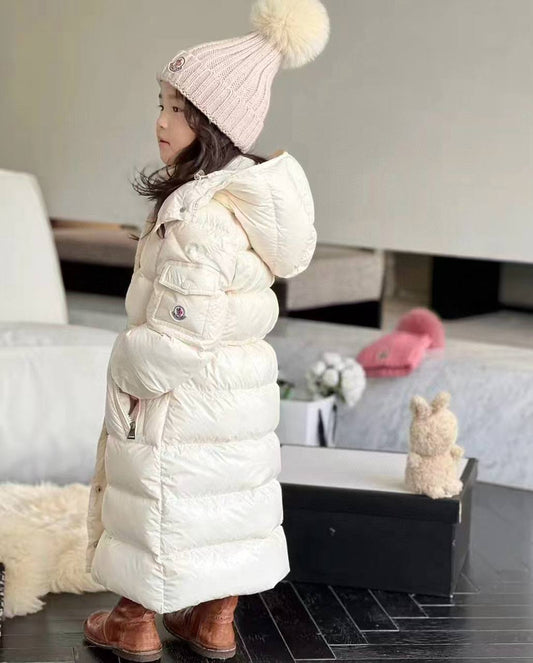 Moncler Kids White Hooded Long Down Puffer Coat with Snap Button Closure